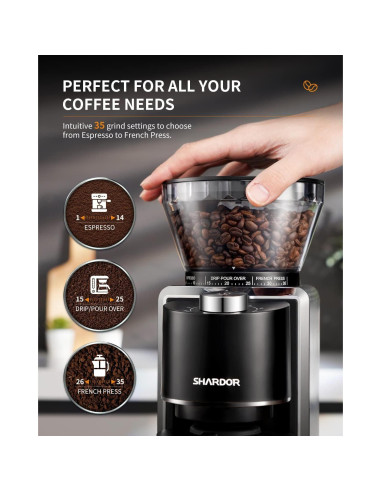 Molinillo de Café Eléctrico SHARDOR 35 Ajustes 2-12 Tazas