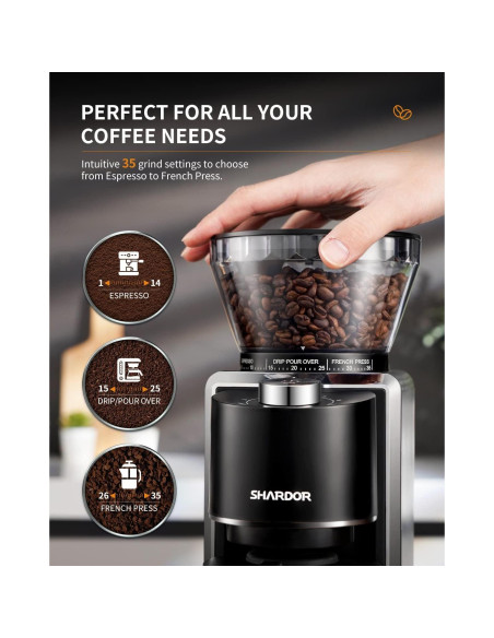 Molinillo de Café Eléctrico SHARDOR 35 Ajustes 2-12 Tazas