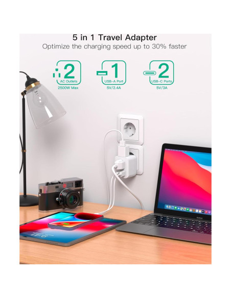 Adaptador de Enchufe de Viaje MIFASOPOWER Tipo C 5 en 1 Adaptador de Enchufe de Viaje MIFASOPOWER Tipo C 5 en 1
