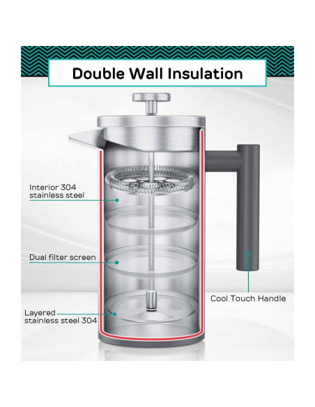 Cafetera Prensa Francesa Coffee Gator 1L Acero Inoxidable Gris