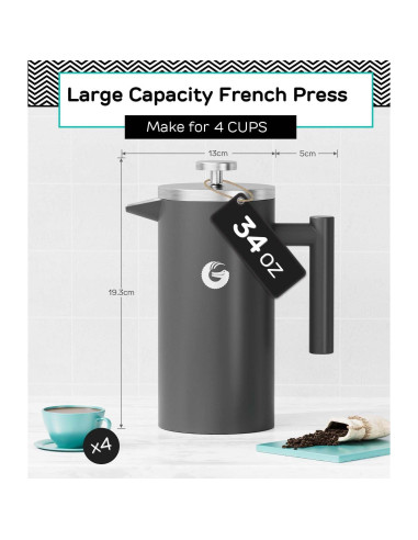 Cafetera Prensa Francesa Coffee Gator 1L Acero Inoxidable Gris