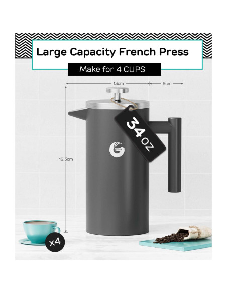 Cafetera Prensa Francesa Coffee Gator 1L Acero Inoxidable Gris