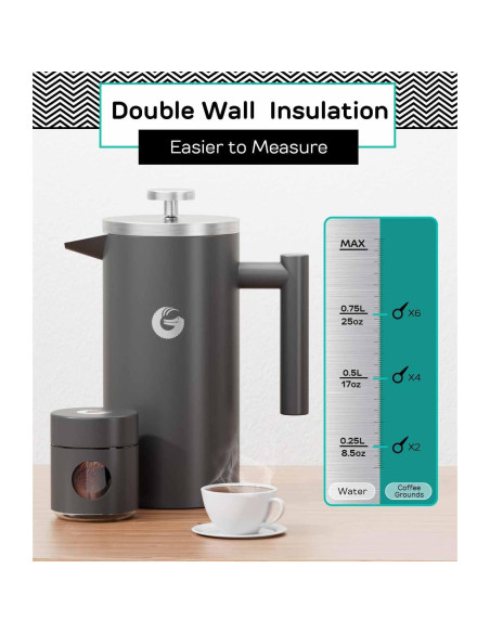 Cafetera Prensa Francesa Coffee Gator 1L Acero Inoxidable Gris