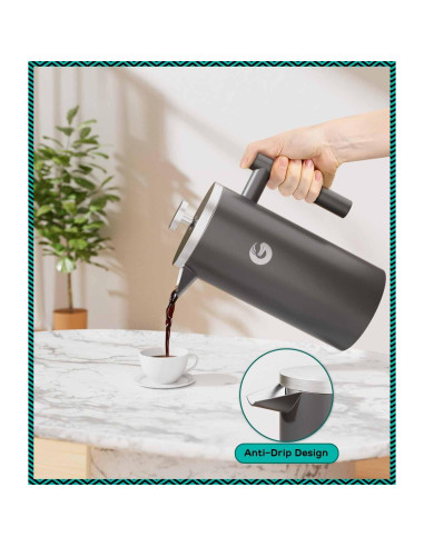 Cafetera Prensa Francesa Coffee Gator 1L Acero Inoxidable Gris