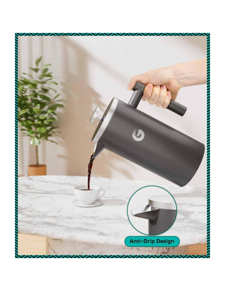 Cafetera Prensa Francesa Coffee Gator 1L Acero Inoxidable Gris