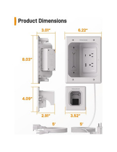 Ocultador de Cables para TV Perlegear PGWH03W, 2 Salidas CA y USB 2