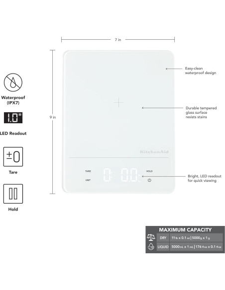 Balanza de Cocina Digital KitchenAid KQ913 IPX7 5kg Blanca