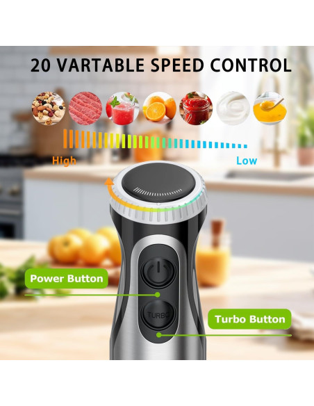 Batidora de Inmersión Bonsenkitchen 500W 20 Velocidades Acero Inoxidable