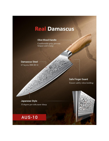 Cuchillo de Chef Emojoy 20.32 cm Damasco Acero Japonés Mango Olivo
