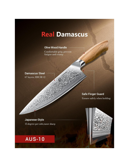 Cuchillo de Chef Emojoy 20.32 cm Damasco Acero Japonés Mango Olivo