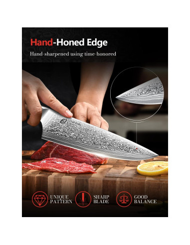 Cuchillo de Chef Emojoy 20.32 cm Damasco Acero Japonés Mango Olivo