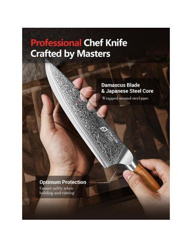 Cuchillo de Chef Emojoy 20.32 cm Damasco Acero Japonés Mango Olivo