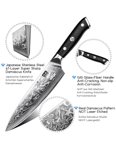 Cuchillo de Chef SHAN ZU 20.32 cm Acero Damasco 67 Capas