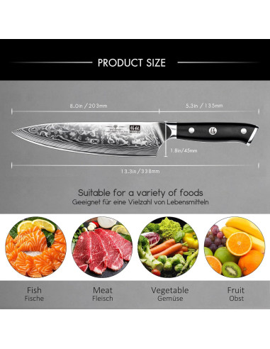Cuchillo de Chef SHAN ZU 20.32 cm Acero Damasco 67 Capas
