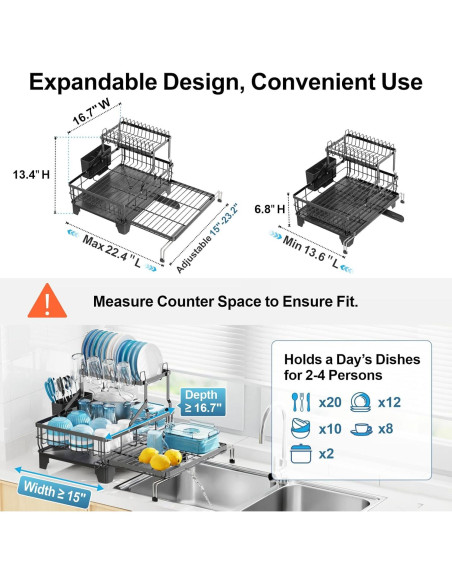 Estante de Secado de Platos Grande GSlife Negro 2 Niveles