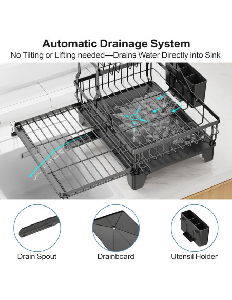 Estante de Secado de Platos Grande GSlife Negro 2 Niveles
