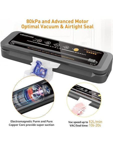 Máquina Selladora al Vacío MegaWise VS6620 - 80kPa, Automática, Incluye Bolsas