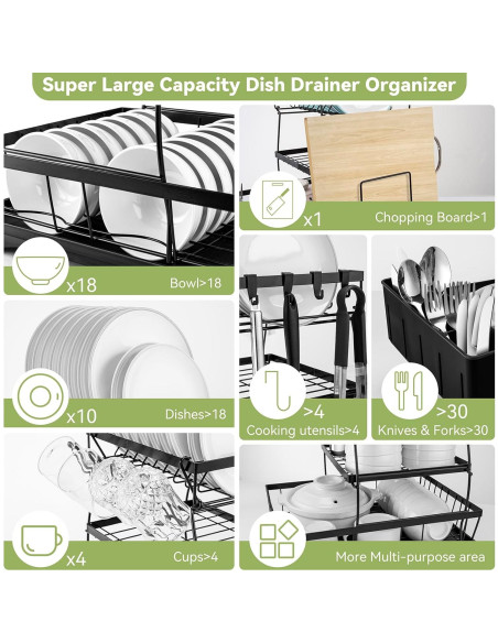 Escurridor de Platos Inkhut 3 Niveles Acero Inoxidable Negro