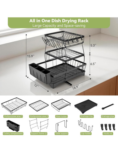 Escurridor de Platos Inkhut 3 Niveles Acero Inoxidable Negro