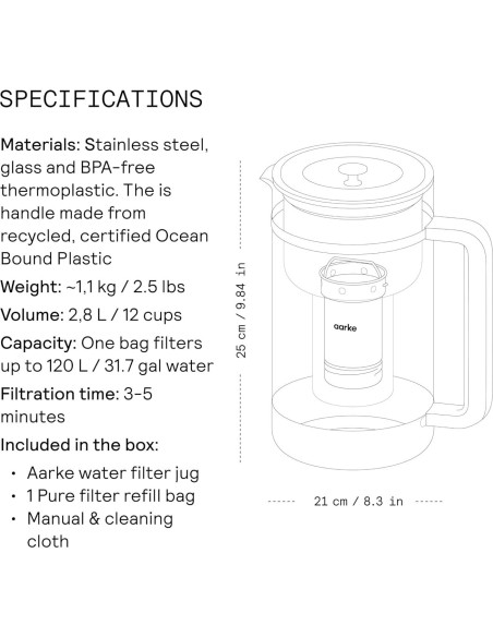 Purificador de Jarra de Agua aarke de Vidrio 1.66L Libre BPA