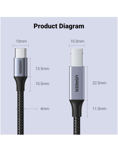 Cable USB B a USB C UGREEN 0.91 m para Impresora y MIDI