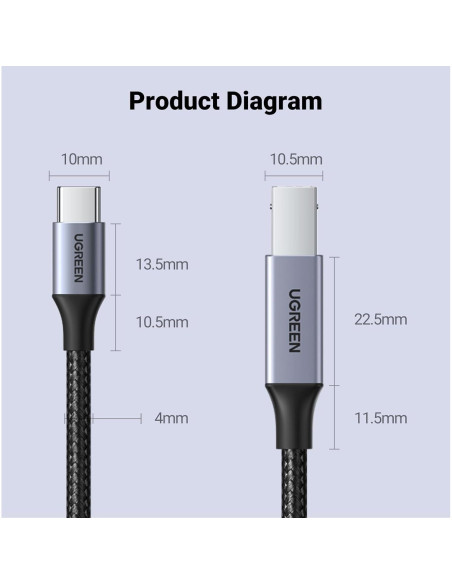 Cable USB B a USB C UGREEN 0.91 m para Impresora y MIDI