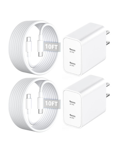 Cargador Rápido Dual USB C 20W para iPhone 16 - 2 Piezas con Cable 10FT