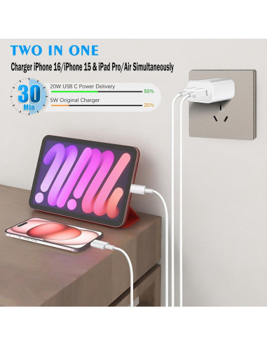 Cargador Rápido Dual USB C 20W para iPhone 16 - 2 Piezas con Cable 10FT