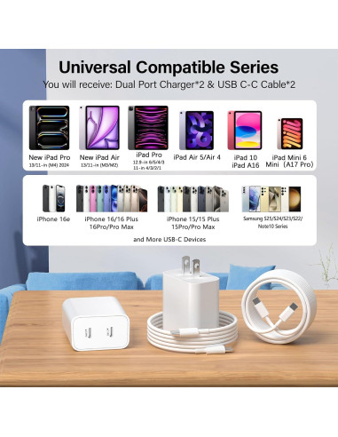 Cargador Rápido Dual USB C 20W para iPhone 16 - 2 Piezas con Cable 10FT