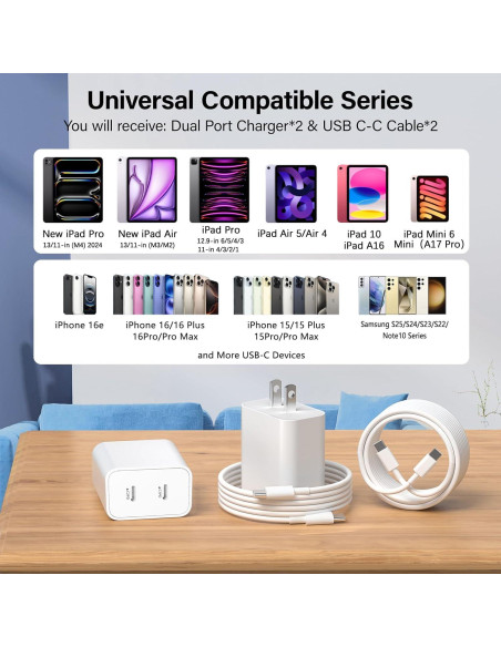 Cargador Rápido Dual USB C 20W para iPhone 16 - 2 Piezas con Cable 10FT