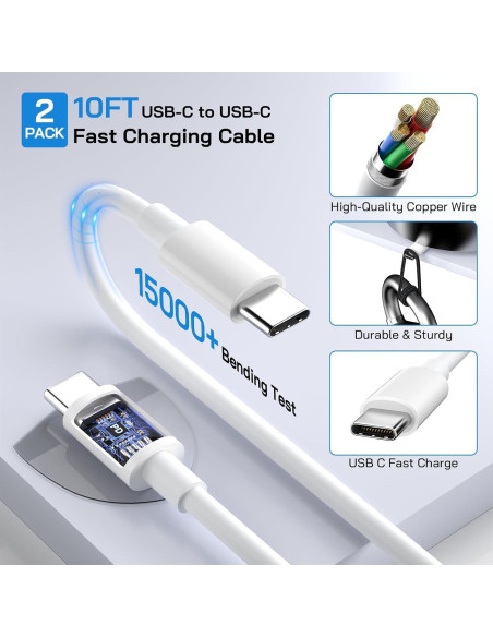 Cargador Rápido Dual USB C 20W para iPhone 16 - 2 Piezas con Cable 10FT