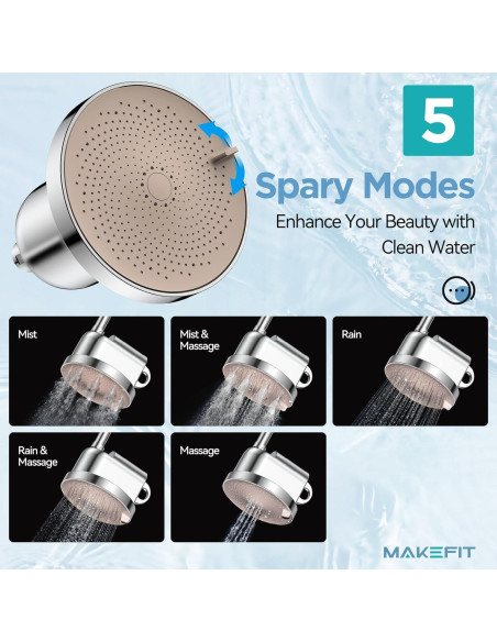 Cabezal de Ducha Filtrado MakeFit - Alta Presión 5 Modos Cromo