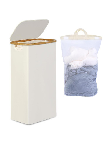 Cesta de Lavandería Efluky 75L Beige con Tapa y Asas de Bambú