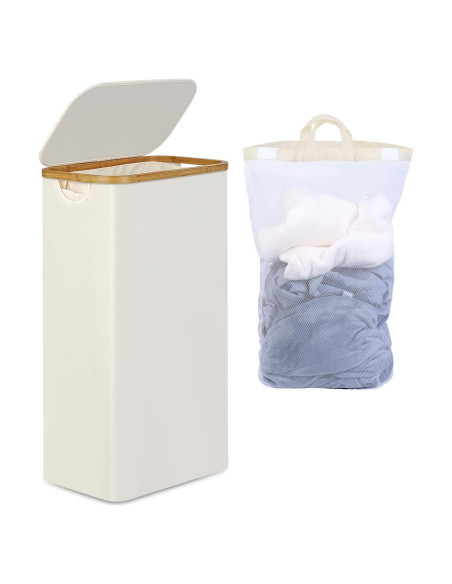 Cesta de Lavandería Efluky 75L Beige con Tapa y Asas de Bambú