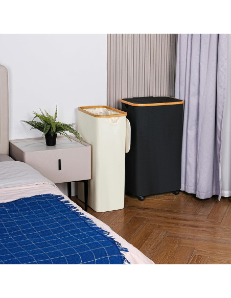 Cesta de Lavandería Efluky 75L Beige con Tapa y Asas de Bambú