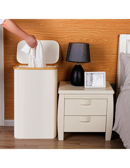 Cesta de Lavandería Efluky 75L Beige con Tapa y Asas de Bambú