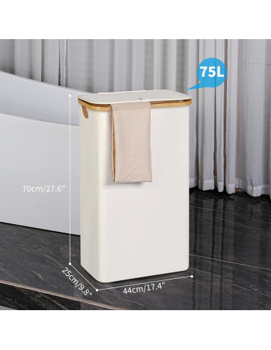 Cesta de Lavandería Efluky 75L Beige con Tapa y Asas de Bambú