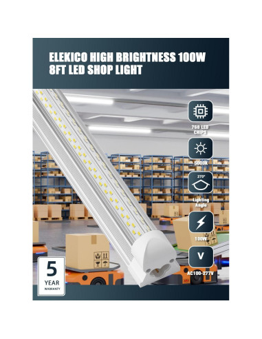 Paquete de 6 luces de taller LED 100W 8FT 15000LM ELEKICO
