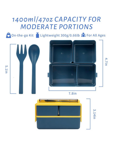 Caja Bento CPIYNOE 3 Compartimentos 1.39L Azul Amarillo