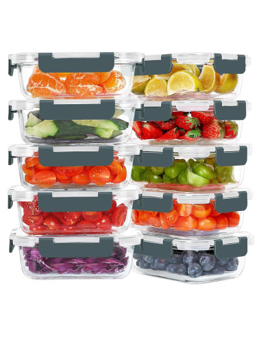 10 Contenedores de Vidrio KOMUEE 650 ml Herméticos Sin BPA