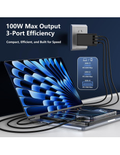 Cargador USB C 100W Weiship con 3 Puertos y Cable 6FT 2