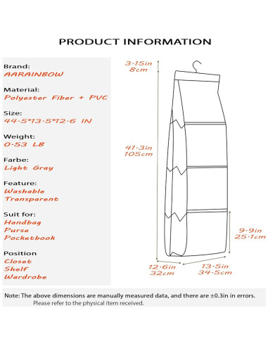 Organizador de Bolsos Colgante AARAINBOW 8 Bolsillos Gris