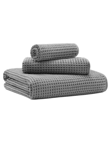Conjunto de Toallas de Baño Microfibra Gris 3 Piezas Waffle