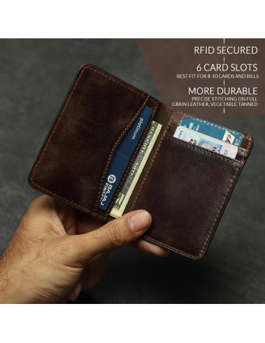 Billetera de cuero Foxhackle bifold delgada con bloqueo RFID