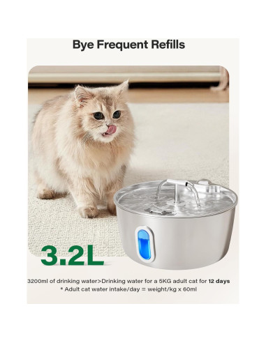 Fuente de Agua para Gatos Dianu Acero Inoxidable 3.2L Filtro
