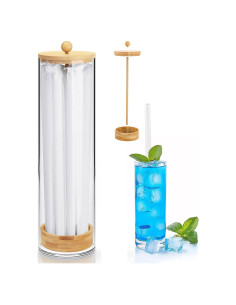 Dispensador de Pajitas Acrílico JYPS 33x8.9x8.9 cm con Tapa de Bambú