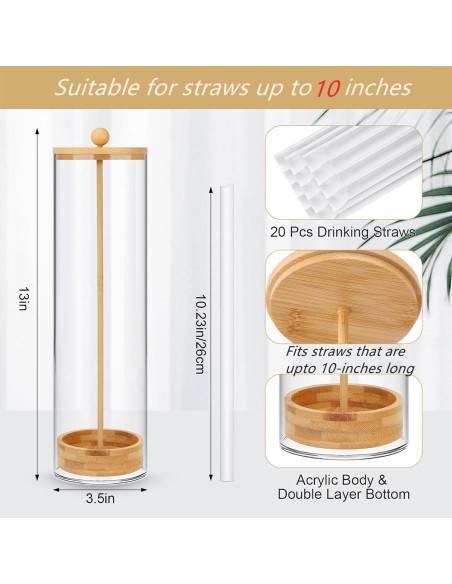 Dispensador de Pajitas Acrílico JYPS 33x8.9x8.9 cm con Tapa de Bambú