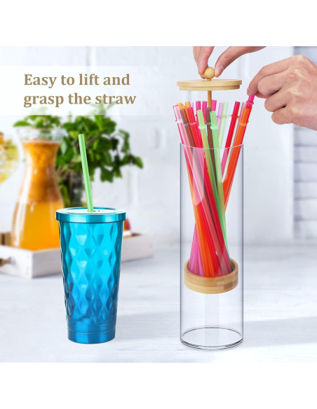 Dispensador de Pajitas Acrílico JYPS 33x8.9x8.9 cm con Tapa de Bambú