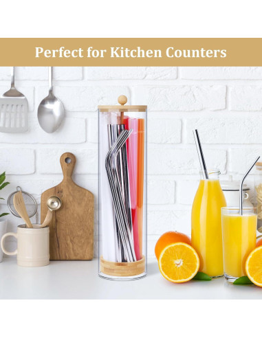 Dispensador de Pajitas Acrílico JYPS 33x8.9x8.9 cm con Tapa de Bambú