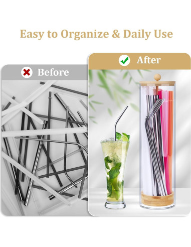 Dispensador de Pajitas Acrílico JYPS 33x8.9x8.9 cm con Tapa de Bambú